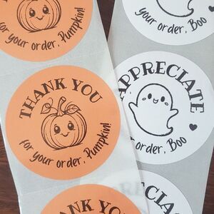 3/$15 HALLOWEEN THANK YOU STICKERS Set of 50 LARGE 2 IN ROUND ORANGE PUMPKIN